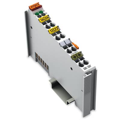 'Electronic module with multi-coloured connectors and labels for various electrical connections.'