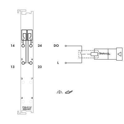 Technical drawing of an electrical module with 14 and 24 connections, marked with DO and L, showing wiring and status details.