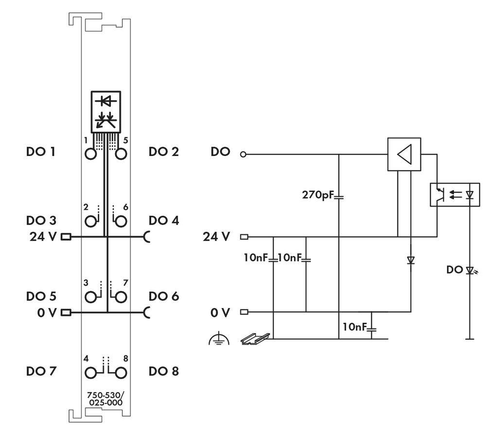'Diagram of the circuit of a digital output module, showing connection layout with DO units and capacitors.'