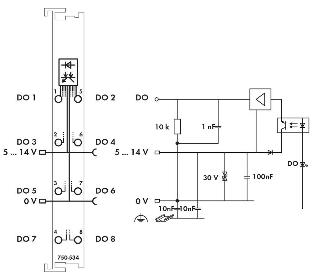 Circuit diagram of an electrical circuit with resistors, capacitors, and amplifiers. Shows connections and current flow.