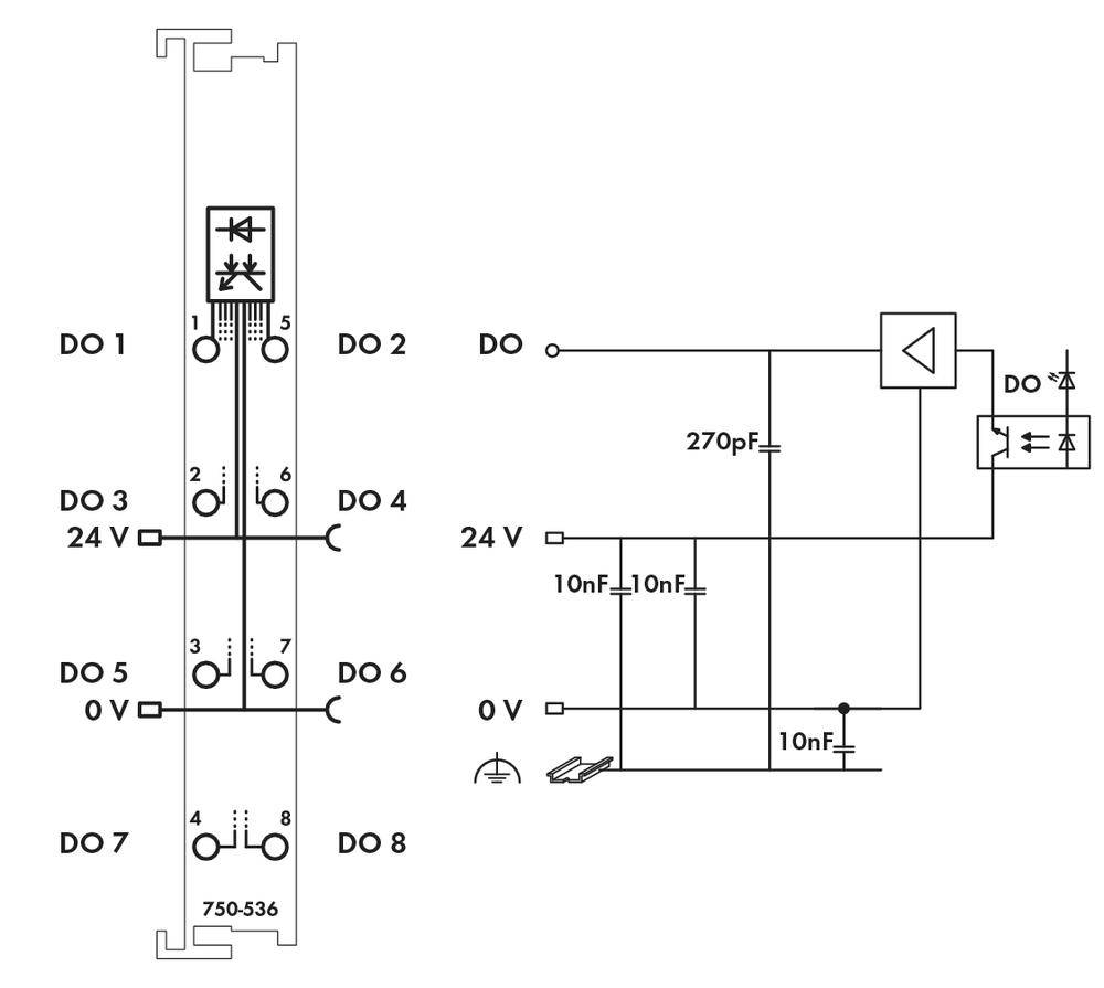 Circuit diagram of an electronic circuit with multiple inputs and outputs, capacitors, and resistors. Shows wiring and connections.