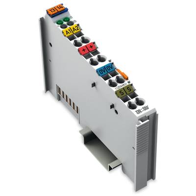 Grey-white electronic module with multiple coloured connectors and labels on the top surface.