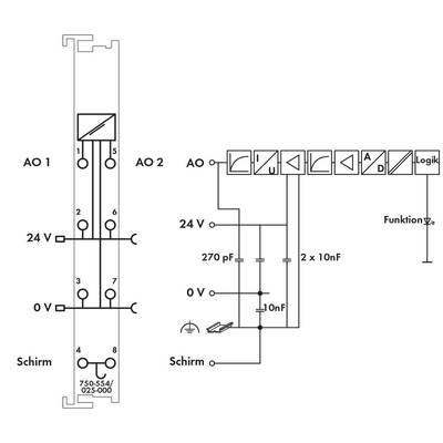 'Circuit diagram for an electrical system with two outputs (AO 1 and AO 2), a 24V power supply and multiple capacitors.'