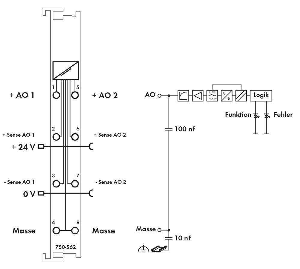 Electrical circuit diagram with two analogue output sensors, logic circuit and capacitors. Connections are shown on the left and the logic function is depicted on the right.