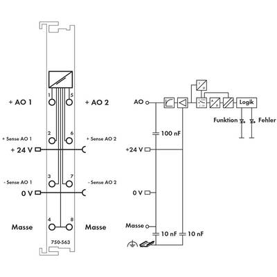 Electrical Circuit Diagram: shows connections of AO1, AO2, functions 'Logic', 'Function', 'Error' and capacities 100 nF, 10 nF.