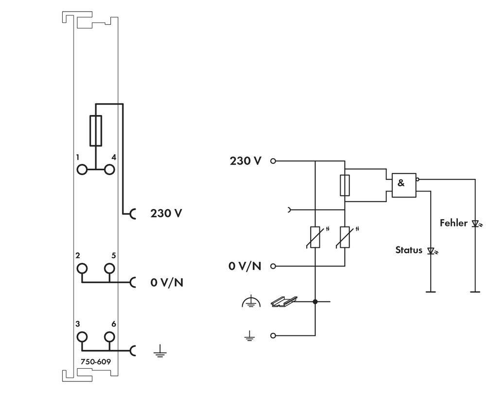 Schematic diagram with two electrical circuits: on the left, a relay with 230 V voltage, on the right, an error indicator with status and error symbols.
