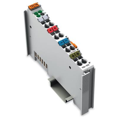 Module for mounting on a DIN rail, with various colour-coded terminal blocks and labels for electrical connections.
