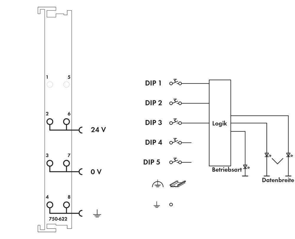 Diagram shows electrical circuit connections with a 24V and 0V connection and DIP switches that control the logic and operating mode.