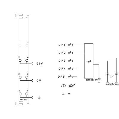 Diagram shows electrical circuit connections with a 24V and 0V connection and DIP switches that control the logic and operating mode.