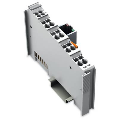 A grey electronic module for DIN rail mounting with multiple cable connections, used in electrical control devices.