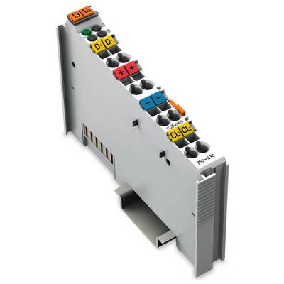 Electronic module with multiple coloured connectors, labelled with symbols and numbers for connecting and controlling electrical components.