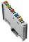 Illustrated is a modular terminal block with colour-coded connections and labels, mountable on a DIN rail.