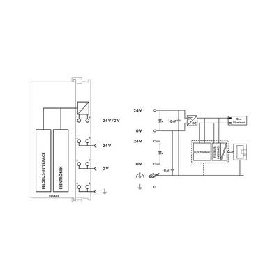 Circuit diagram shows an electronic circuit with fieldbus interface and electronics, voltage supply of 24V and 0V, as well as connections and DC converter.