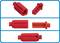 Red plastic plugs in various shapes and sizes, presented on a white background.