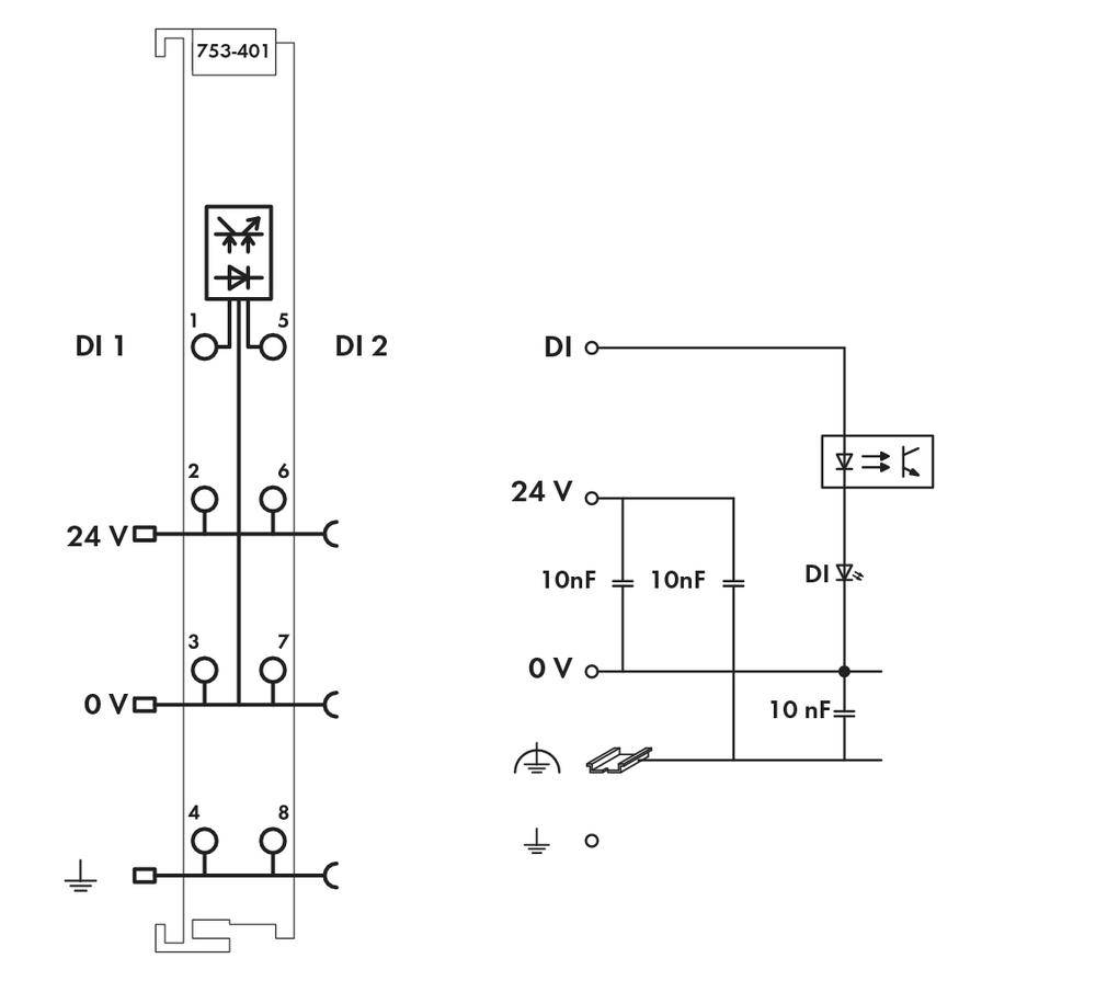 Circuit diagram shows two digital inputs (DI 1, DI 2) with 24V and 0V connections, capacitors are connected to the inputs.