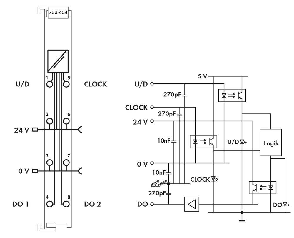 'Circuit diagram of an electronic control system with clock module. Shows connections and components such as logic module and capacitors.'