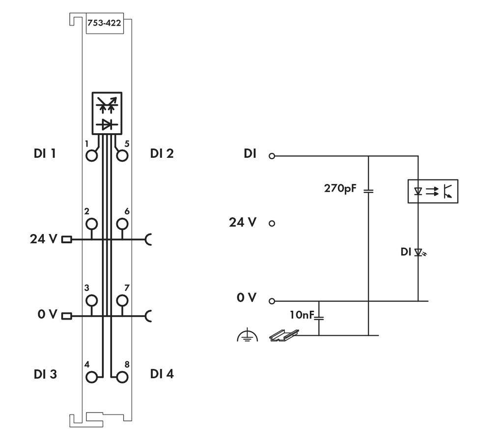 Circuit diagram of an electronic circuit: On the left, a module box with inputs and outputs; on the right, an electrical circuit with a capacitor and LED.