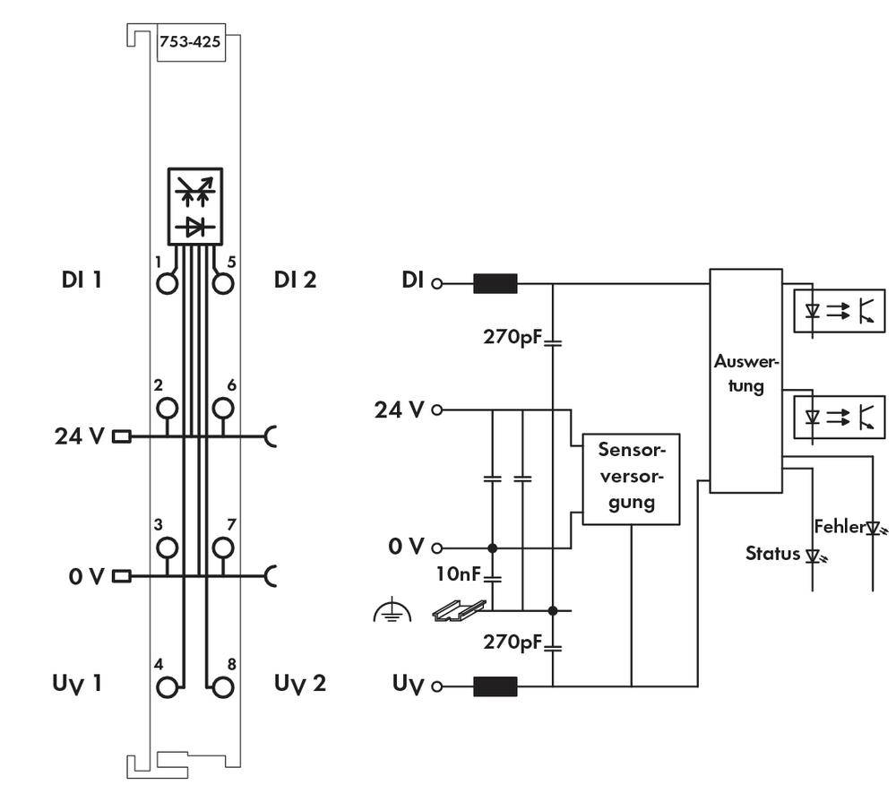 The diagram shows the connection of a sensor system with power supply, evaluation, and error indication. Details are not clearly decipherable.
