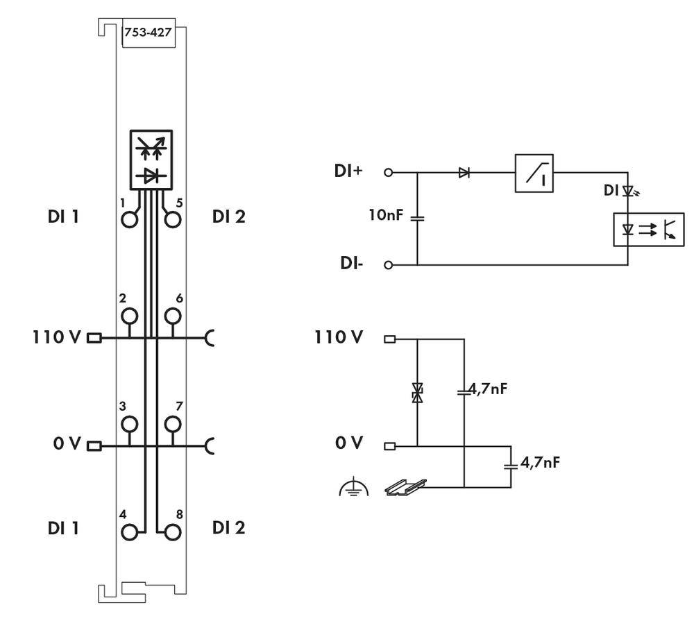 'Circuit diagram shows an electronic circuit with resistors, diodes and capacitors for voltage regulation at 110 V.'