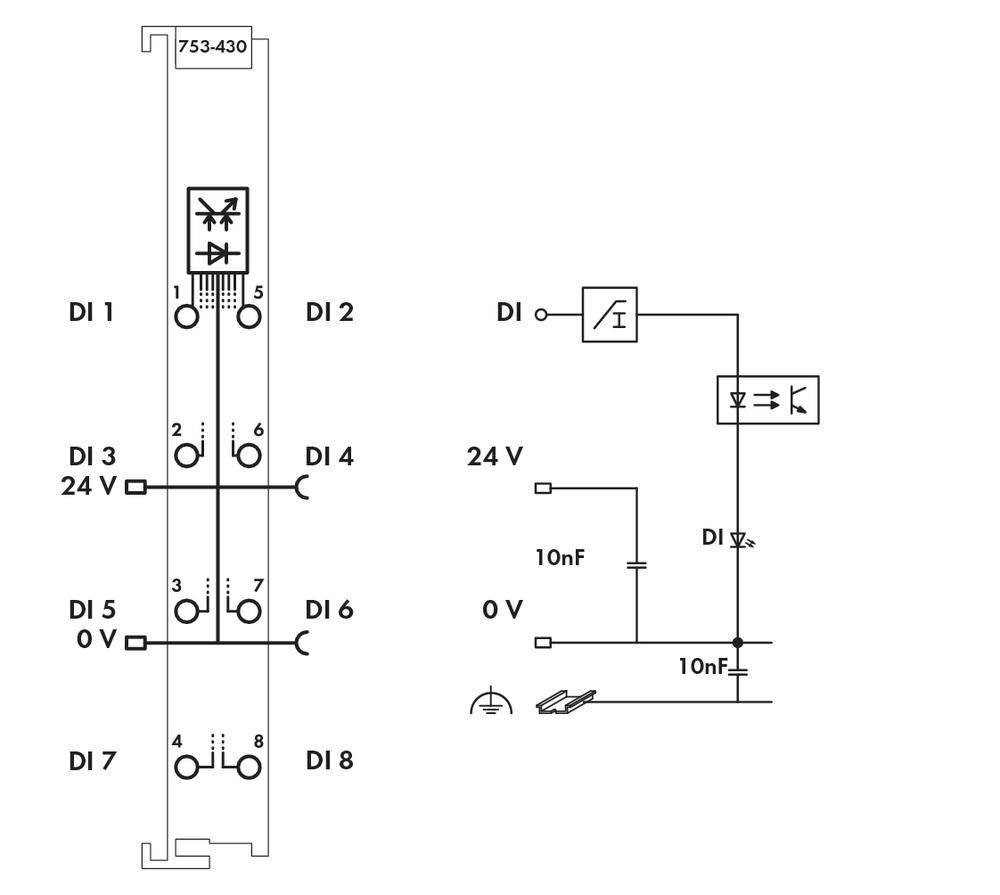 Electronic circuit with 8 digital inputs (DI1-DI8), 24V power supply, capacitors and switch. Diagram shows connections.