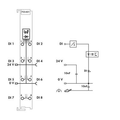 Circuit diagram: a digital input with eight channels. Connections show resistances and voltage points.