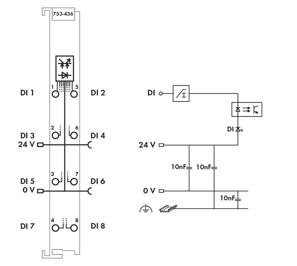 Diagram of an electrical circuit diagram with symbols for resistors, diodes, and capacitors; shows electrical connections and voltage levels.