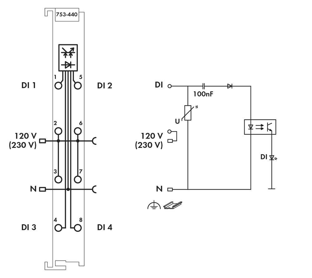 'Electrical Circuit Diagram: Left shows connections with DI 1-4, C and N. Right a capacitor (100nF) with diode, voltage U.'