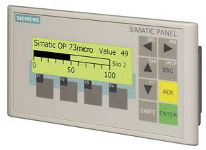 A Siemens SIMATIC Panel displaying 'Simatic OP 73micro Value 49 Silo 2' with a scale from 0 to 100. Function keys F1 to F4.