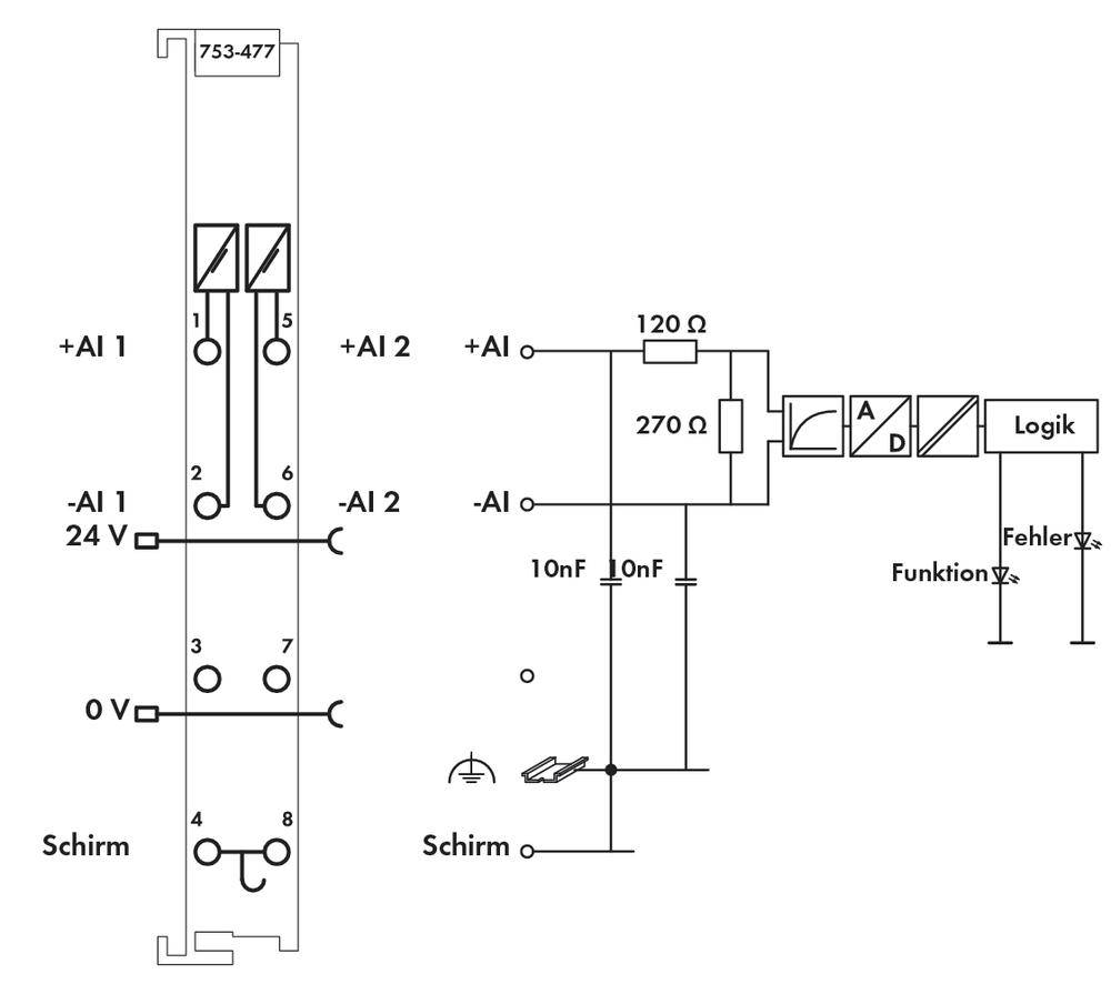 Circuit diagram of an electrical circuit with resistors, capacitors and logic module. Connections show signal flow and function.