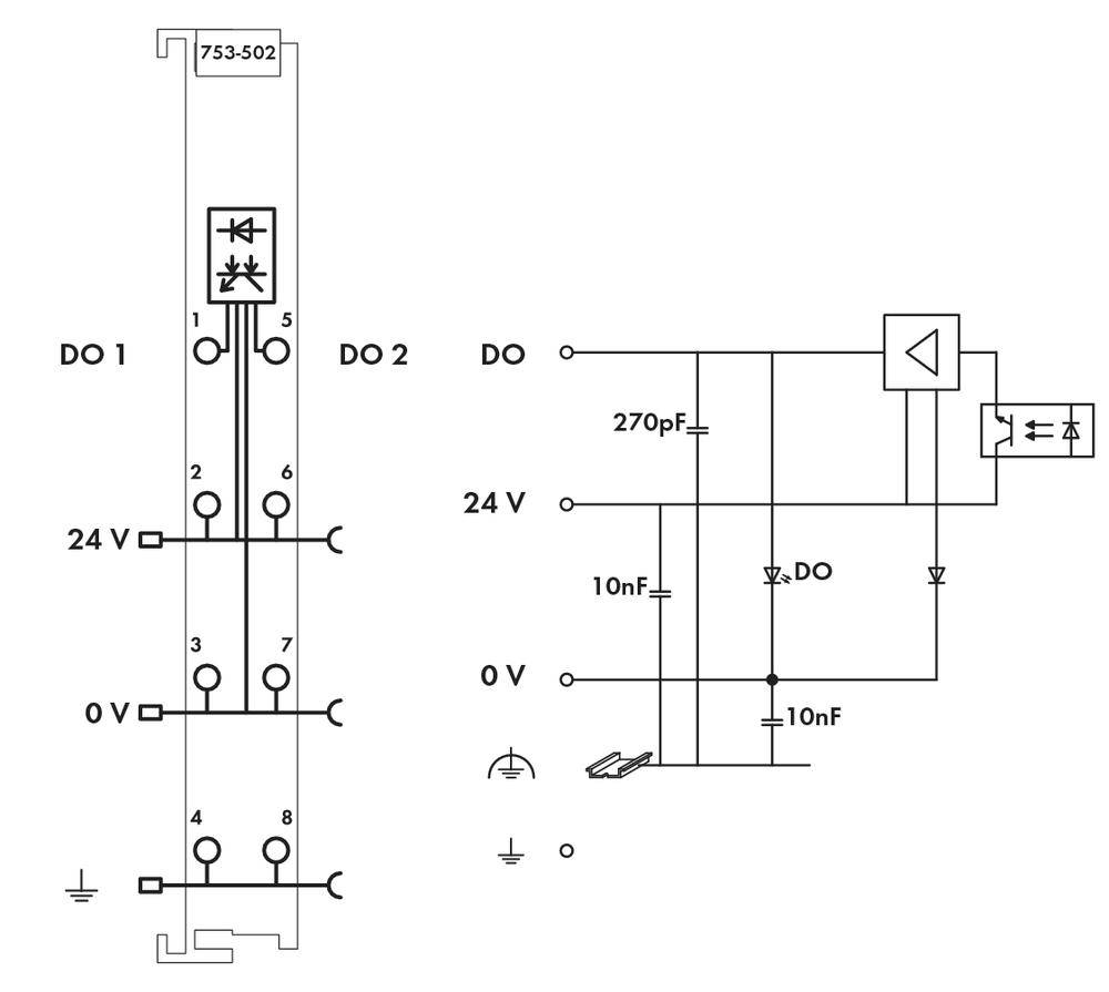 Circuit diagram for control: On the left, a module with DO 1 and DO 2 at 24 V and 0 V. On the right, circuits with capacitors and transistor.