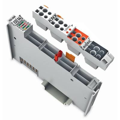 KNX Bus Connection Module, grey housing with multiple connections and labels, showing electrical connectivity.