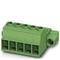 Green connector with five terminals for electronic connections, suitable for PCB mounting.