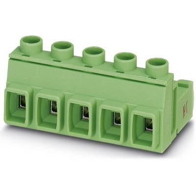 Green connector with five slots, side top view. Used for electrical connection in control cabinets.