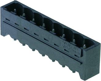 A black, elongated electrical connector with multiple pins. Suitable for printed circuit board mounting in electronic devices.