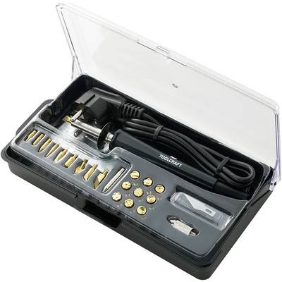 'Soldering iron set in a transparent case with various tips and accessories.'