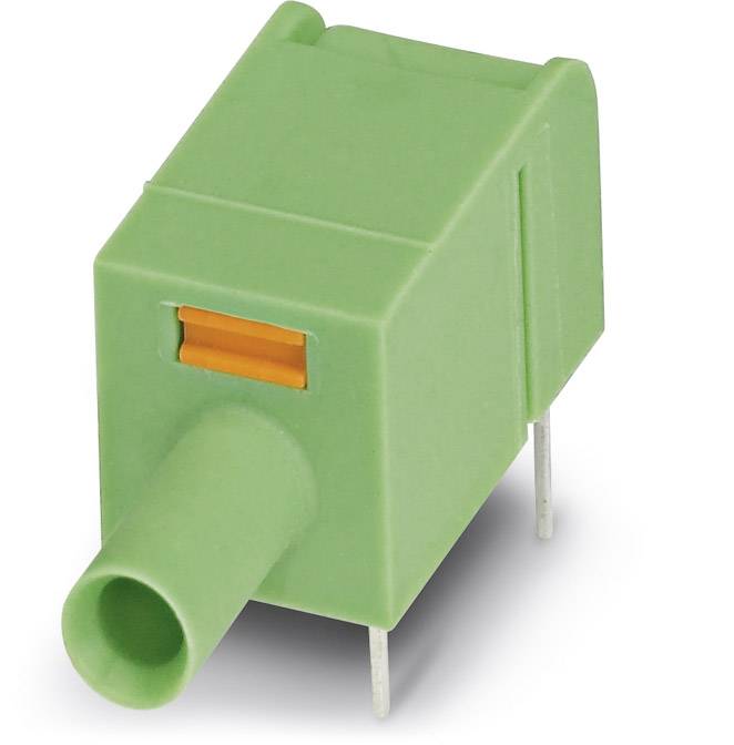 A green connector plug with two metal pins and an orange locking mechanism, likely for electronic devices.