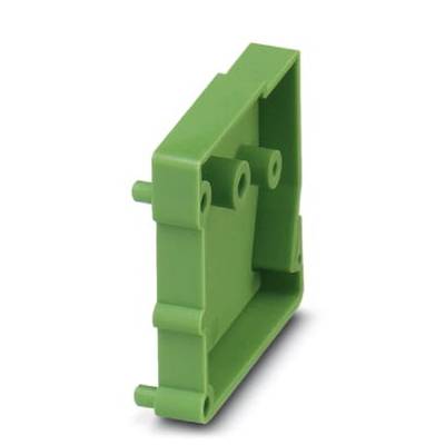 Green plastic housing component with multiple mounting points and a vertical edge, suitable for electronic applications.