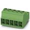 Green, rectangular plug connector with five socket openings. Used for electrical connections in technical applications.
