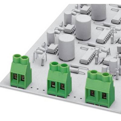 Green terminal blocks on a grey circuit board containing components for electronic circuits. Key components highlighted.