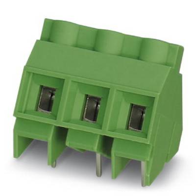 Green electrical connector with three terminals, for use in electronic circuits.