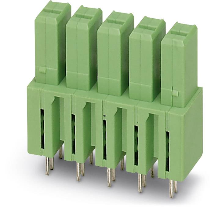 Five-pin green connector with vertical metal pins, suitable for electrical circuits and connections.