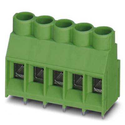 Green multi-pin connector with five terminals, suitable for electrical connection.
