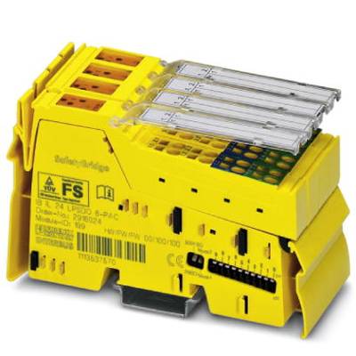 Yellow electrical safety module with multiple connectors and symbols on its surface, used in industrial control systems.