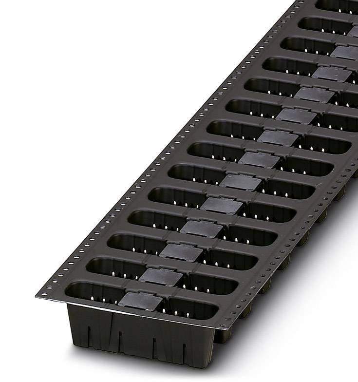 Long, black plastic tray with several rectangular recesses at regular intervals.