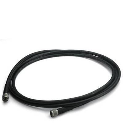 Black coaxial cable with metal connectors at both ends, on a white surface.
