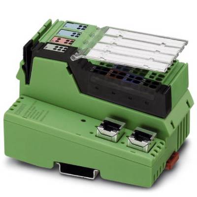 A green, rectangular electronic device with multiple ports and slots, used for industrial connection technology.