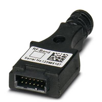 A black RF band adapter with a barcode and serial number '123466107' is shown.