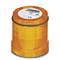 An orange, cylindrical LED warning light with product information on the top surface. Certificates and voltage details are visible.