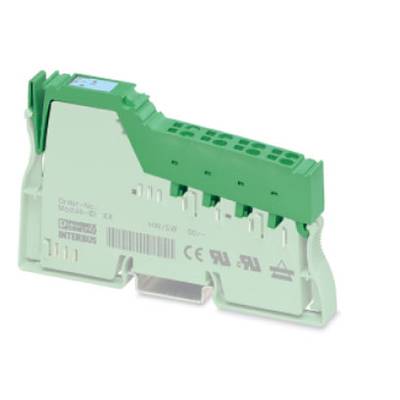 Electronic module with a green casing, photographed from the side. Inscriptions indicate model and serial number as well as certification symbols.