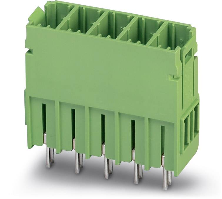 Green multi-pin connector, positioned vertically, showing an industrial component for electrical connection.